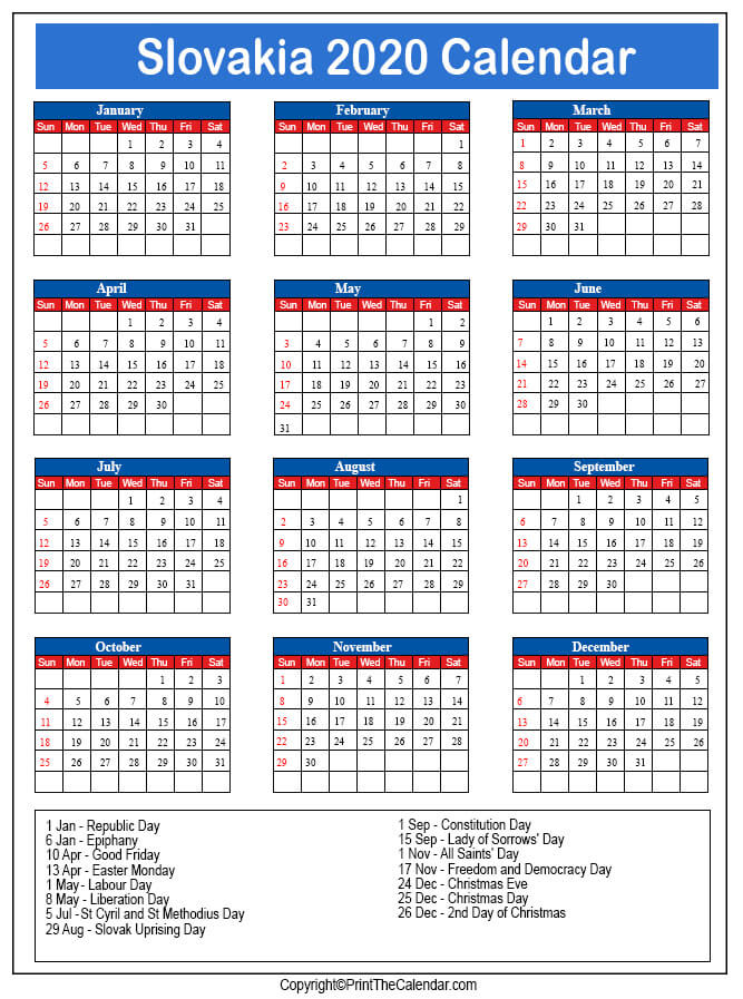 Slovakia Printable Calendar 2020